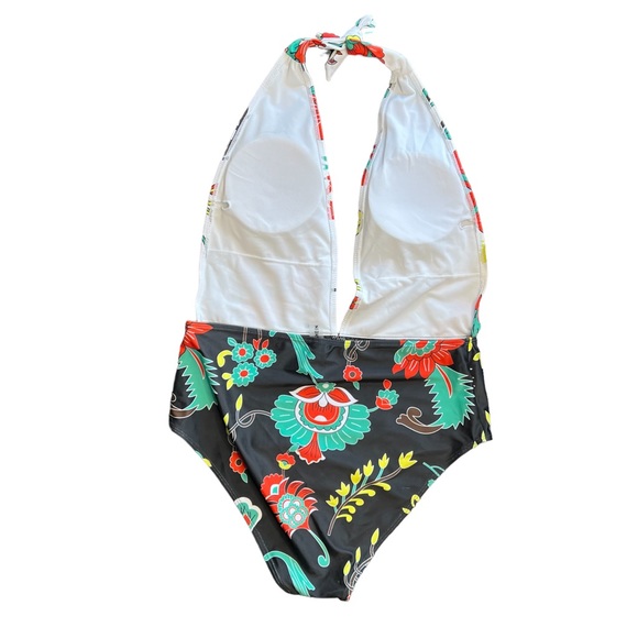 NWOT SHEIN BLACK AND WHITE FLORAL ONE PIECE SIZE XL. PLUNGE NECK LIKE, HALTER - Picture 6 of 7